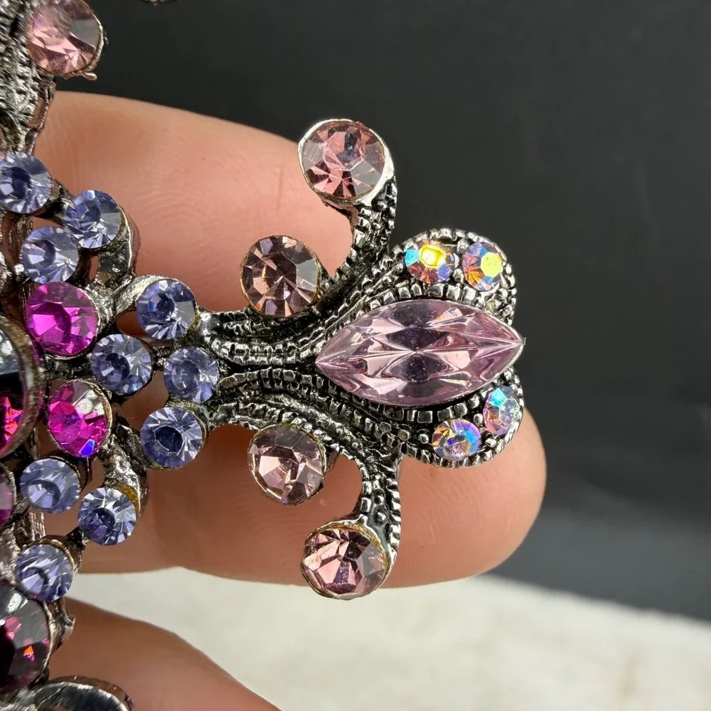 Rhinestone Cross Brooch Silver Tone Purple Pink Pendant Bale
